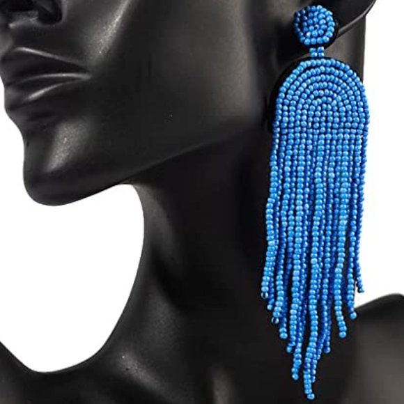 Long 4.5" Lt Blue Modern Art Deco Oversized Earrings Beaded Bohemian Tassel New - Picture 2 of 6